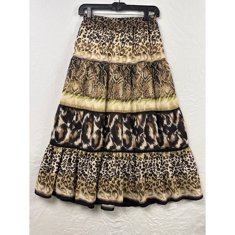 JM Collection Tiered Midi Skirt Women 4P Brown Animal Print Leopard Sequin Boho